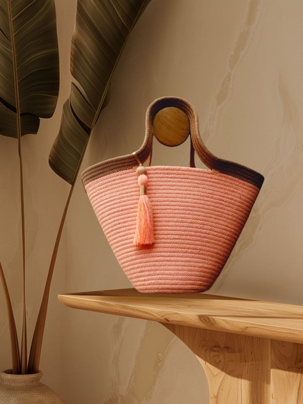 Bolsa em Cordão de Algodão Salmão com Caramelo