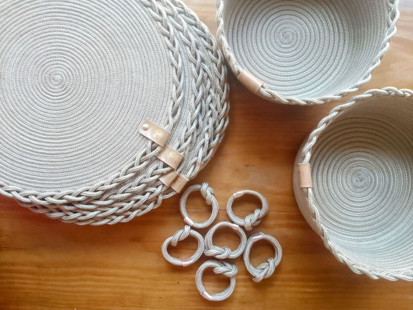 Kit 6 Jogo Americano+cesto+anéis em Corda Náutica Trançada