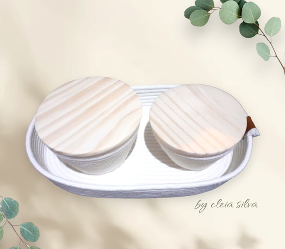 Kit Higiene Bebê em Corda de Algodão 3 Peças Tampa Madeira