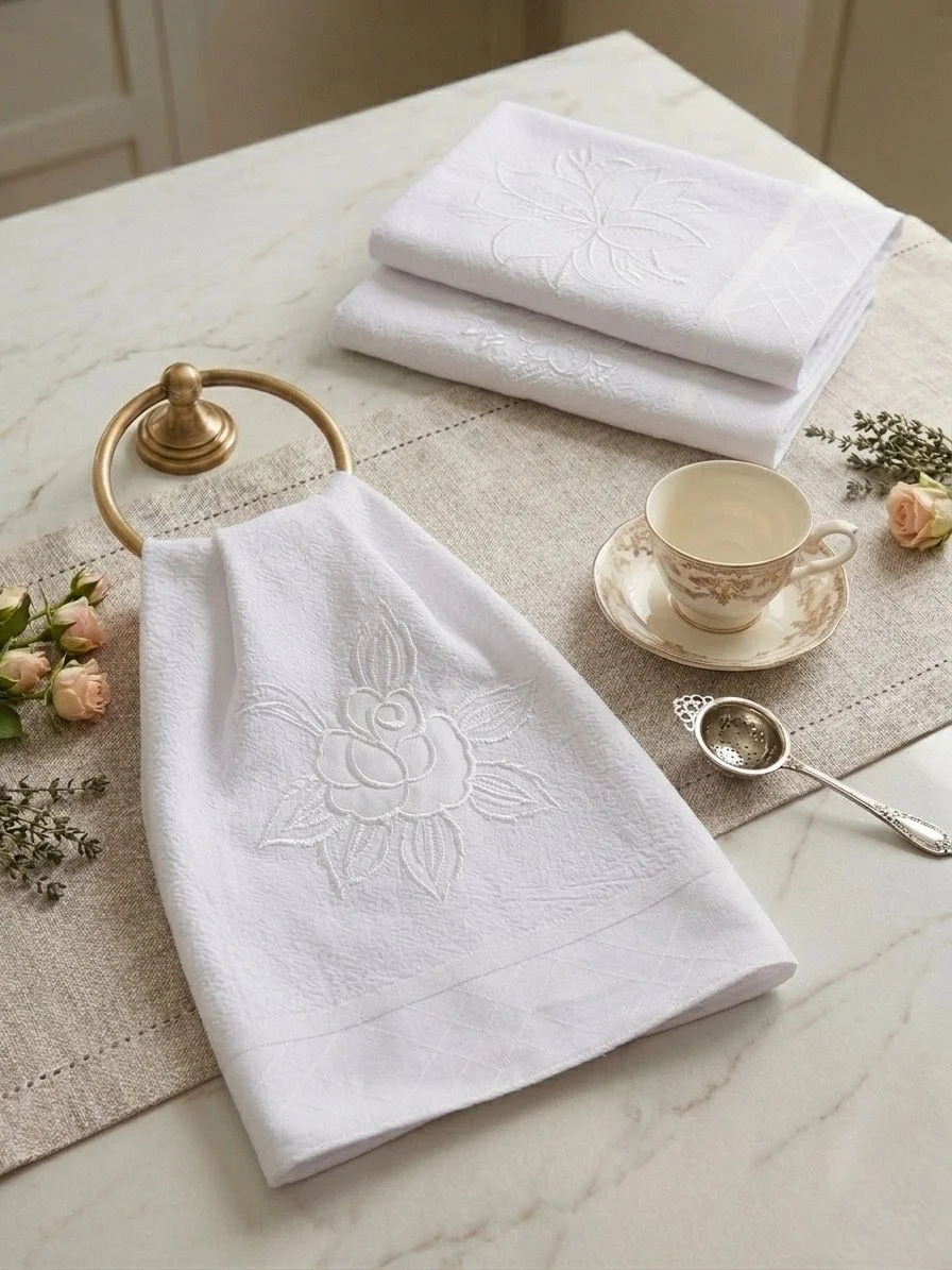 Kit 10 Panos de Prato Guardanapos Bordados todo Branco com Viés de Algodão - Imagem 6