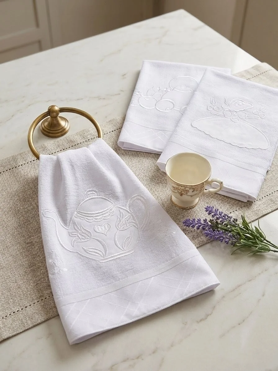 Kit 10 Panos de Prato Guardanapos Bordados todo Branco com Viés de Algodão - Imagem 1