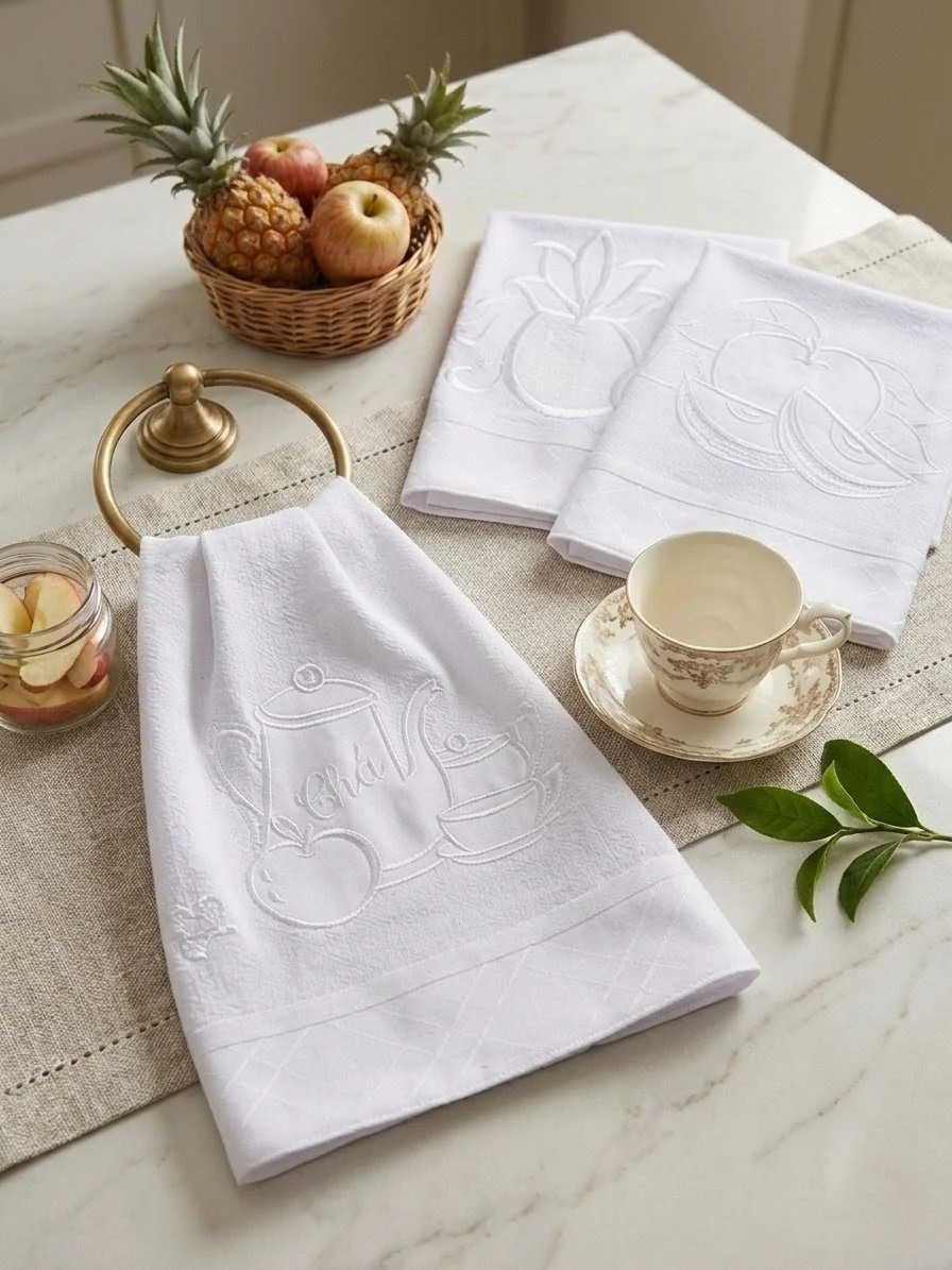 Kit 10 Panos de Prato Guardanapos Bordados todo Branco com Viés de Algodão - Imagem 3