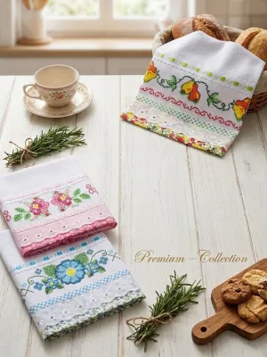 Kit 10 Panos de Prato Copa Cozinha Ponto Cruz com Bordado Inglês