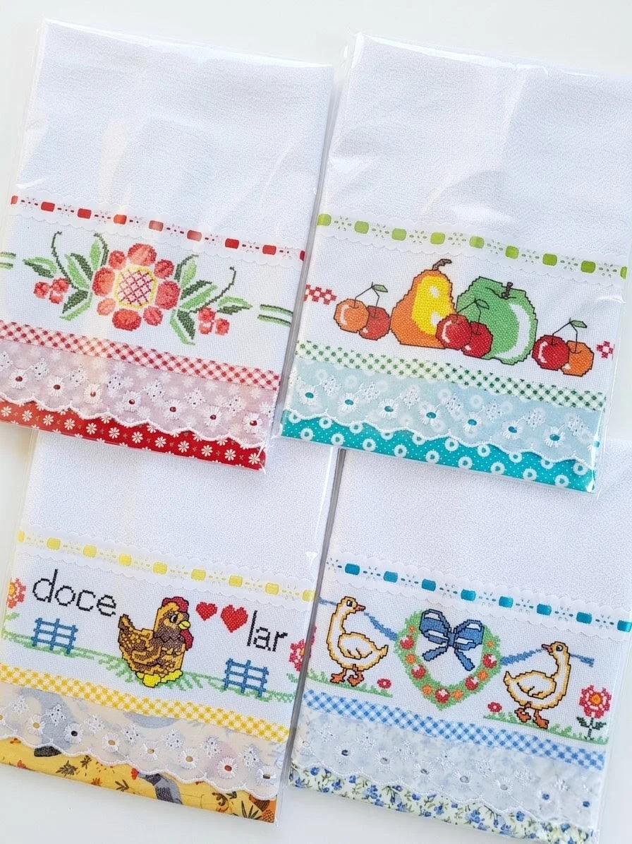 Kit 10 Panos de Prato Copa Cozinha Ponto Cruz com Bordado Inglês - Imagem 8
