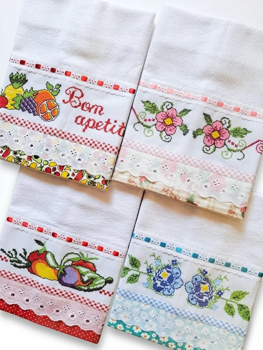 Kit 10 Panos de Prato Copa Cozinha Ponto Cruz com Bordado Inglês - Imagem 2