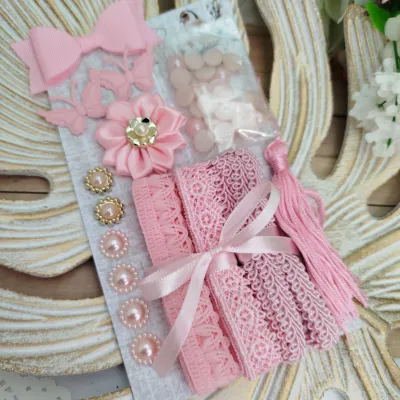 Cartela de Aviamentos e Enfeites Coordenados Rosa - Kit Fracionado Scrapbook e Artesanato