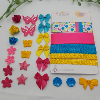 Kit de Aviamentos, Fitas  e Enfeites Coordenados Tons Rosa, Azul e Amarelo para Artesanato e Scrap