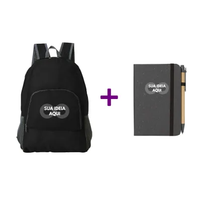 10 Kit ecológico com mochila dobrável 21L + caderneta Personalizado Brinde Atacado