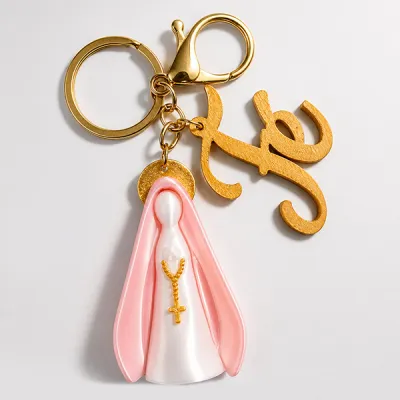 Conjunto Chaveiro Nossa Senhora Manto Cor de Rosa + Pingente Fé - Argola Dourada Mosquetão
