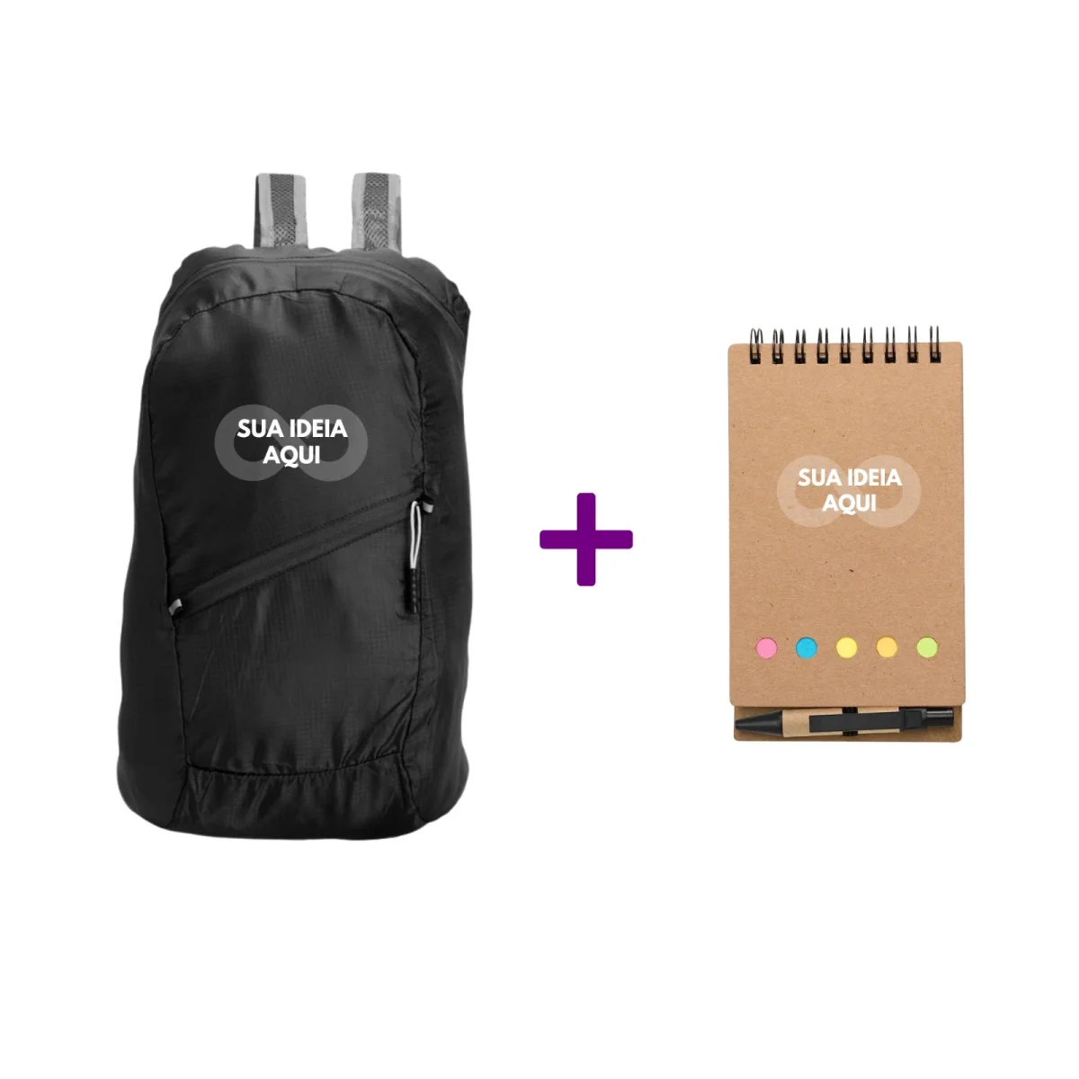 100 Kit com mochila dobrável 16L + bloco ecológico com caneta Personalizado brinde atacado - Imagem 1