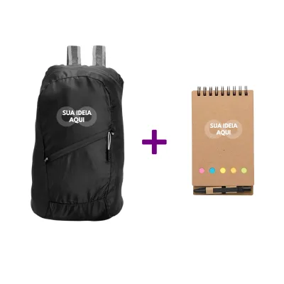 100 Kit com mochila dobrável 16L + bloco ecológico com caneta Personalizado brinde atacado