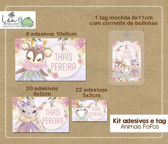 Kit Adesivos e Tag Material Escolar Animais Fofos Menina