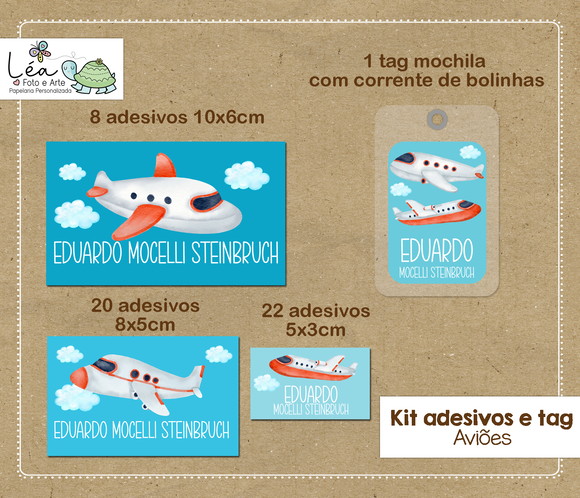 Kit Adesivos e Tag Material Escolar Aviões