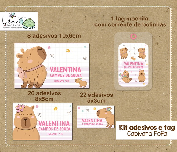 Kit Adesivos e Tag Material Escolar Capivara Fofa