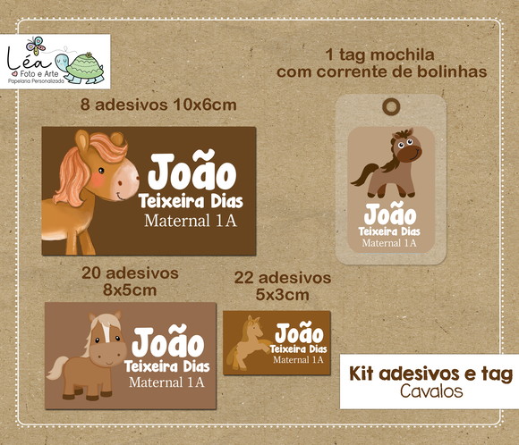 Kit Adesivos e Tag Material Escolar Cavalos