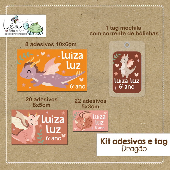 Kit Adesivos e Tag Material Escolar Dragão