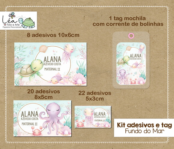 Kit Adesivos e Tag Material Escolar Fundo do Mar