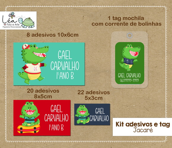 Kit Adesivos e Tag Material Escolar Jacaré