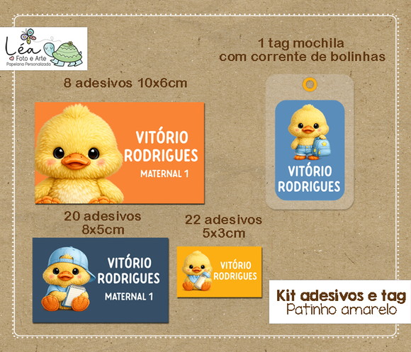 Kit Adesivos e Tag Material Escolar Patinho Amarelo