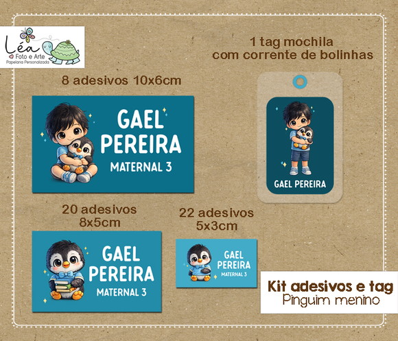 Kit Adesivos e Tag Material Escolar Pinguim Menino