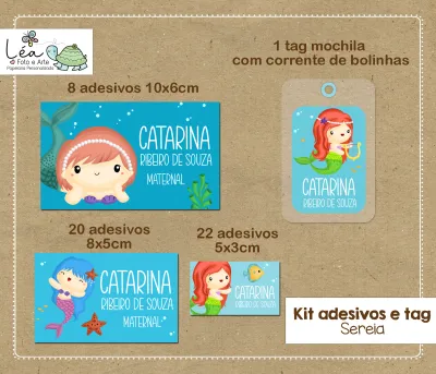 Kit Adesivos e Tag Material Escolar Sereia