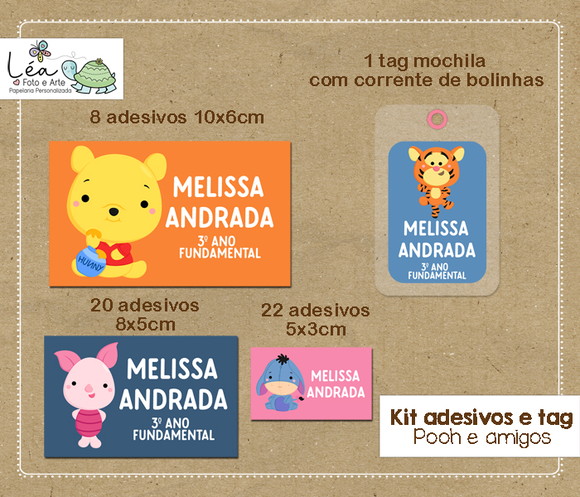 Kit Adesivos e Tag Material Escolar Ursinho Pooh e Amigos