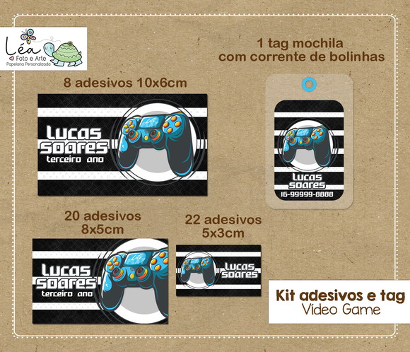Kit Adesivos e Tag Material Escolar Vídeo Game