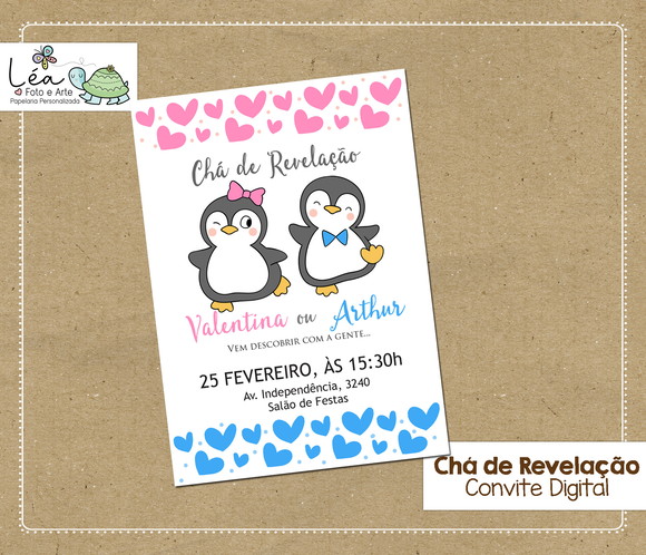 Convite Digital Chá de Revelação Pinguim