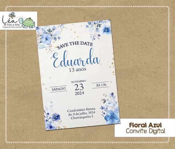 Convite Digital Floral Azul