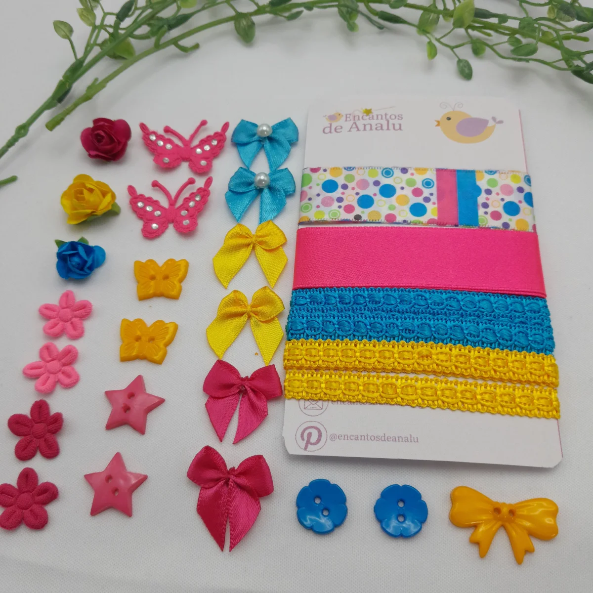 Kit de Aviamentos, Fitas e Enfeites Coordenados Tons Rosa, Azul e Amarelo para Artesanato - Imagem 3