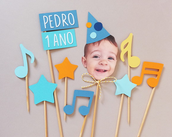 Kit Topo de Bolo com Foto, Nome e Idade Música