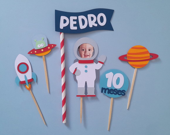 Topo de Bolo Astronauta com Foto de Rostinho de Criança