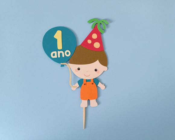 Topo de Bolo Bebê Menino com Balão