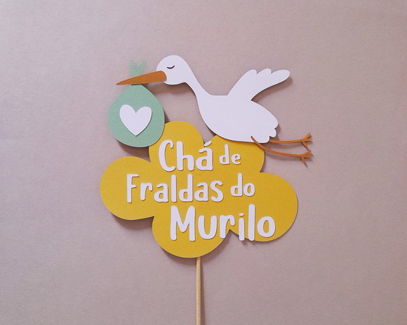 Topo de Bolo Chá de Bebê Cegonha com Texto Personalizado