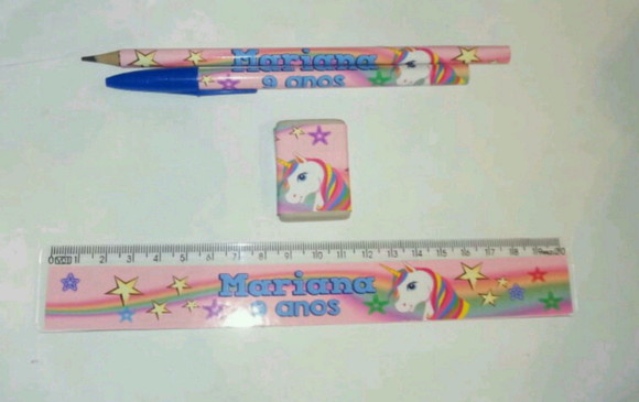 20 Kits Lápis, Borracha, Caneta, Régua Unicórnio
