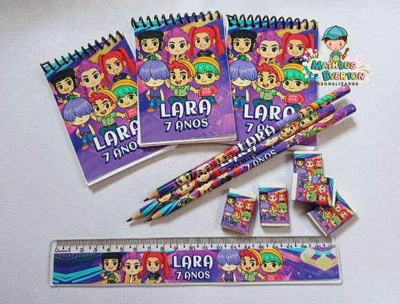 25 Kit Bloquinho, Lapis, Régua e Borracha Guerreiras do K-po