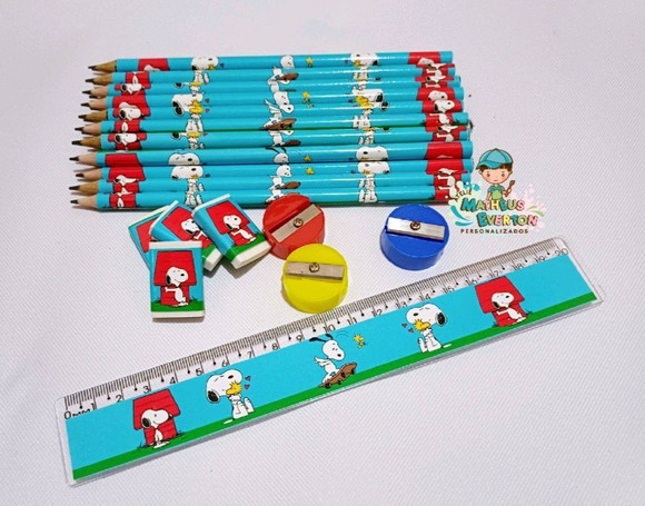 25 Kits Lápis, Borracha, Régua e Apontador Snoopy