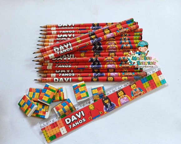 25 Kits Lápis, Régua e Borracha Personalizado Lego Atu - Imagem 3