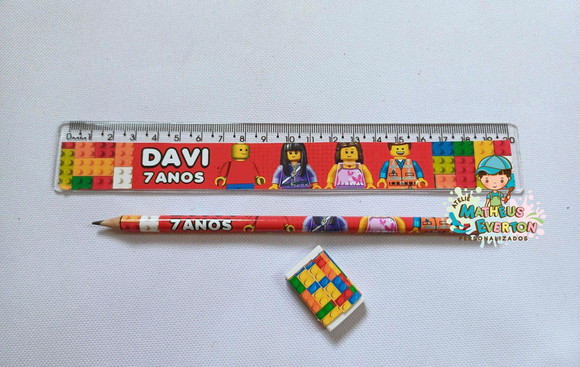 25 Kits Lápis, Régua e Borracha Personalizado Lego Atu - Imagem 3