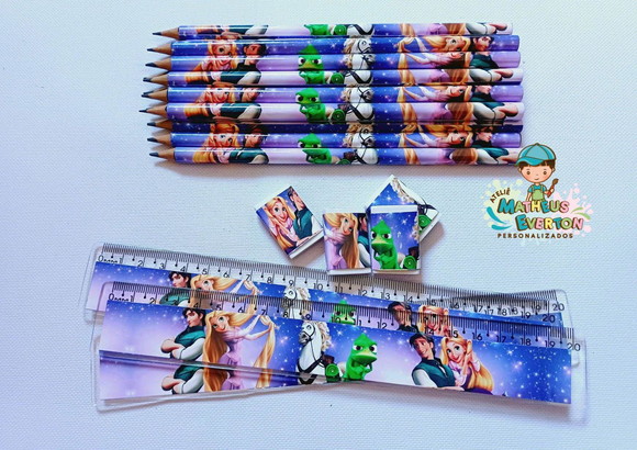 25 Kits Lápis, Régua e Borracha Personalizado Rapunzel
