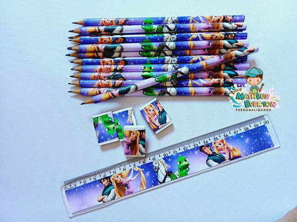 25 Kits Lápis, Régua e Borracha Personalizado Rapunzel - Imagem 2