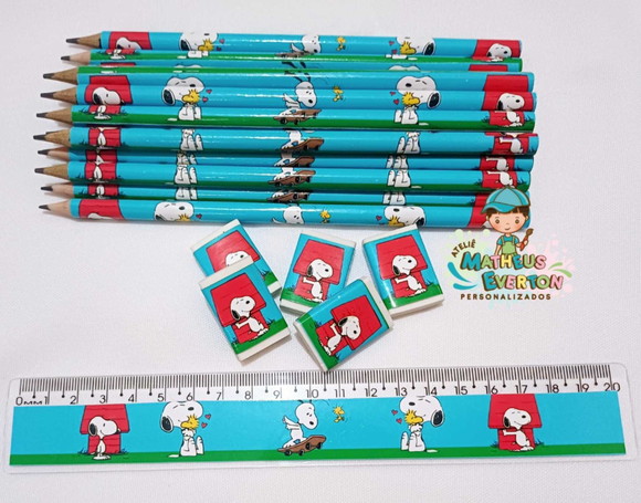 25 Kits Lápis, Régua e Borracha Personalizado Snoopy