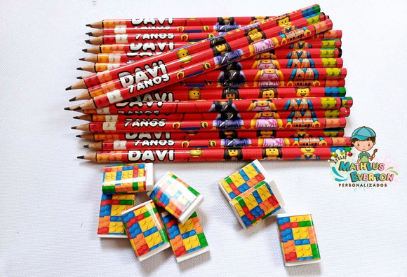 30 Kits Lápis e Borracha Personalizado Lego Atu