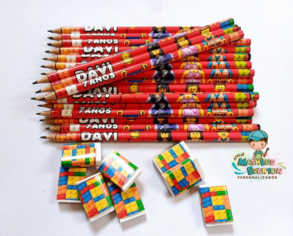30 Kits Lápis e Borracha Personalizado Lego Atu - Imagem 2