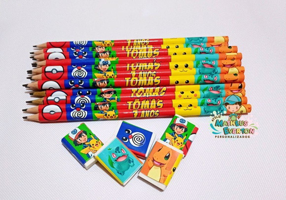 30 Kits Lápis e Borracha Personalizado Pokémon