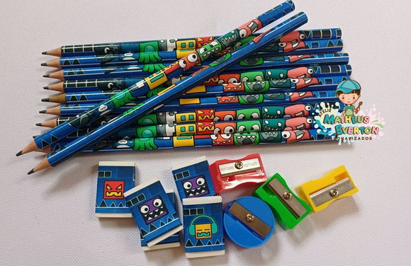 30 Kits Lápis, Borracha e Apontador Geometry Dash