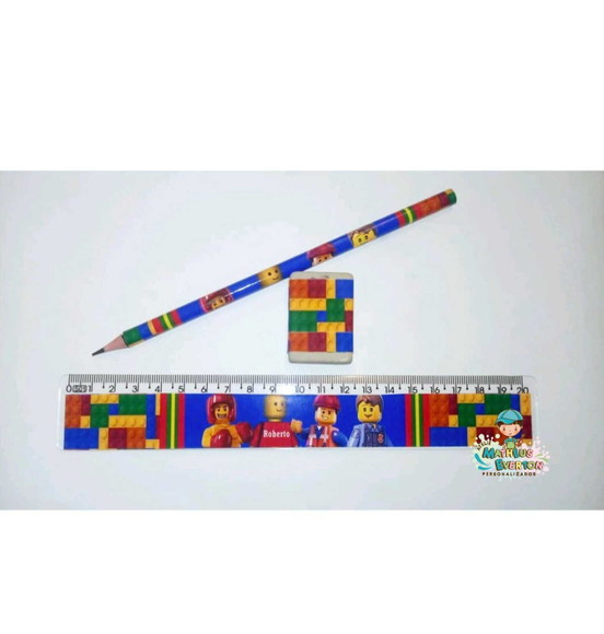 35 Kits Lápis, Régua e Borracha Personalizado Lego