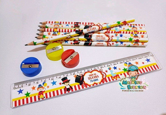 40 Kits Lápis, Régua e Apontador Personalizado Circo