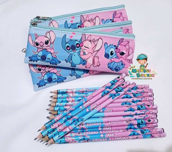 40 Lapis + 40 Estojos Slim Personalizado Stitch Tam: 19x7