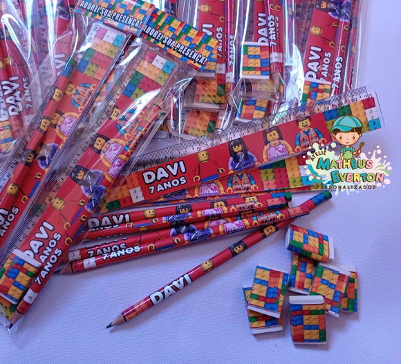 45 Kits Lápis, Régua e Borracha Personalizado Lego - Imagem 4